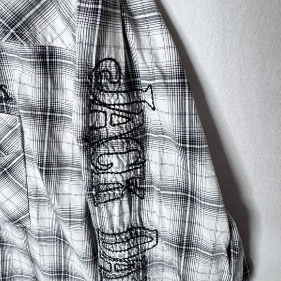 Wrangler Jack Daniels Shirt Mens M Gray Plaid Embroidered Bar Whiskey Pearl Snap - Picture 5 of 14